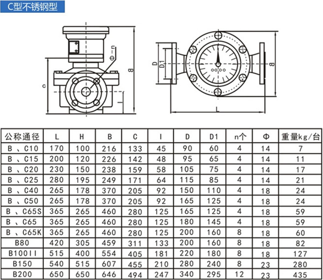 石油流量計外形尺寸對照表